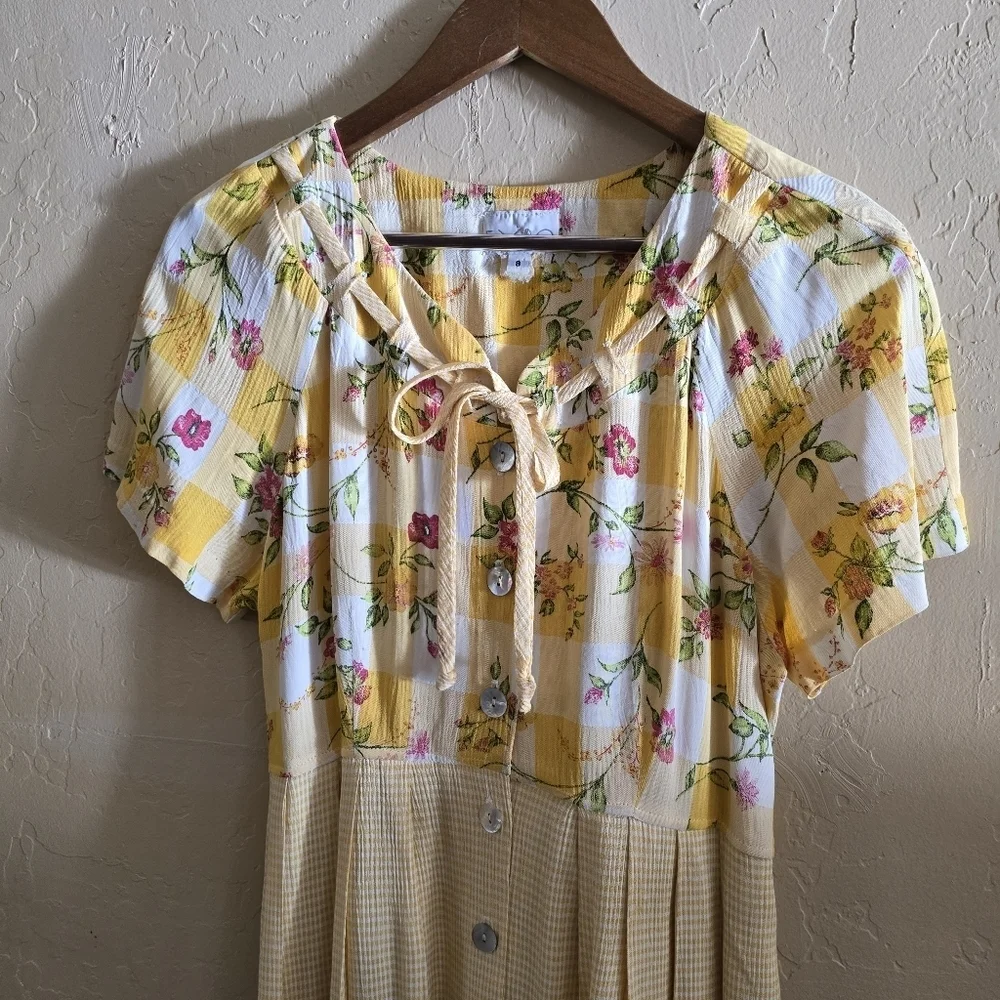 VTG Expo Mixed Print Midi Dress Yellow Gingham Floral Cottagecore Button Front 8